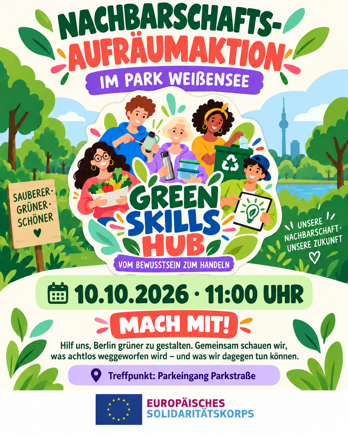 Flyer zur Nachbarschafts-Aufräumaktion im Park Weißensee am 10. Oktober 2026